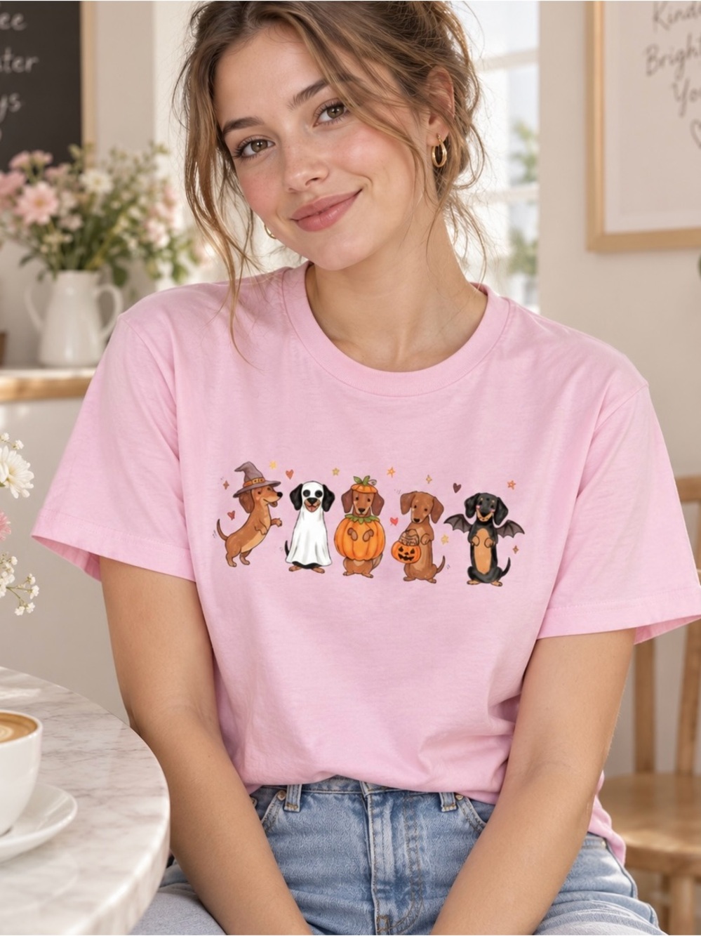 Dachshund Halloween Costumes Ghost Pumpkin Spooky Season Graphic Tee